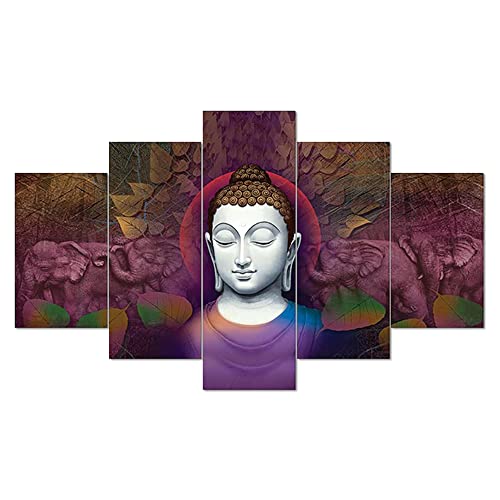 Image of Clasiko Set Of 5 Pcs 3D Wall Painting With Frame; 24x50 Inches; Buddha Face With Purple Leaves