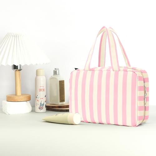 Toiletry Bag for Women Travel Water-resistant Cosmetic Bag Fashion Stripes Makeup Bag with Hanging Hook Preppy for Store Toiletries Cosmetic Accessories Large Capacity Pink4