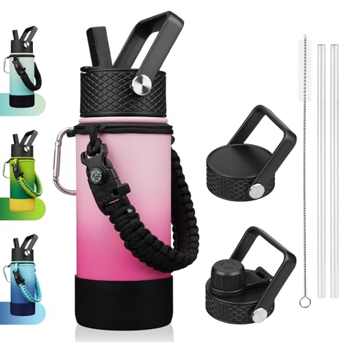 Image of BJPKPK 18oz Insulated Water Bottle with 3 Lids, Straw Lid & Handle
