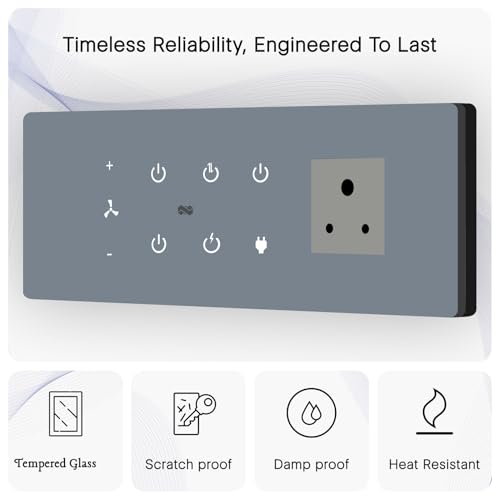 Image of IOTICS Smart Wifi Switch Board: 5 x Switch, 1 Fan & 1 x Smart Plug Module. Touch Control, Remote, App Control. Voice Control with Alexa & Assistant. Smart Touch Switch For Home Automation (Grey)
