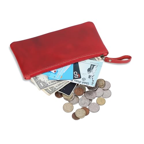 Image of Red Genuine Leather Pencil Case for Men & Women - Small Pen Case (8 inch x 4 inch Inch), Coin Pouch, Cash Holder, Multipurpose Leather Accessory Pouch with Zipper for Pens, Pencil & Currency