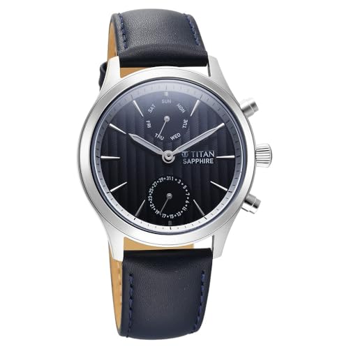 Image of Titan Sapphire Quartz Multifunction Grey Dial Blue Leather Strap Watch for Men - NT1874SL02