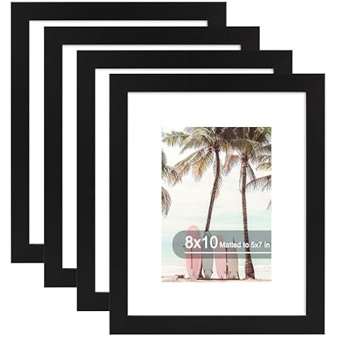 Hongkee 8x10 Picture Frame (4 Pack, Black) Made of Real Glass and Wooden Frame - Display Pictures 5x7 with Mat or 8x10 Without Mat, 8 by 10 Photo Frames TableTop Display and Wall Mounting Cover