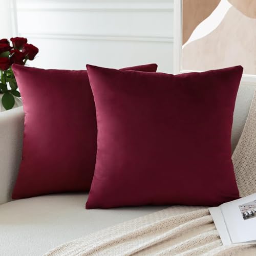 Image of 5 Piece Holland Velvet Cushion Covers, 26x26 inch, Maroon | Soft Solid Decorative Throw Square Pillow Cases Modern Luxury Home Decor for Couch Sofa Bedroom Livingroom