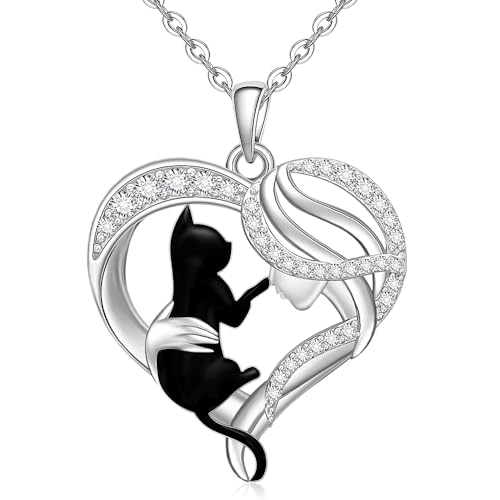 Cat Necklace for Women Sterling Silver Black Cat Necklace Heart Pendant Charm Halloween Christmas Gifts