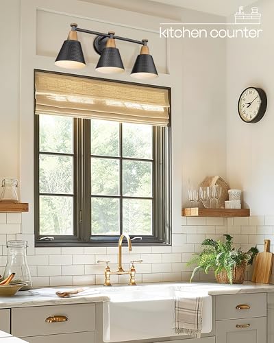 Image of FEMILA Black Bathroom Light Fixtures, 3-Light Bathroom Vanity Lights Over Mirror with Hammered Metal Shade, Modern Wall Lamp for Kitchen Bedroom Living Room,4FG59B-3W BK