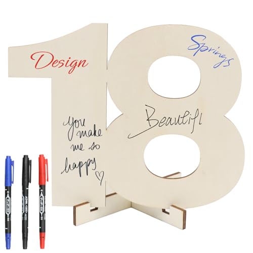 VEGCOO 18 Anni Decorazioni Numeri in Legno Supporto, Biglietto per Anniversario 18 Anni in legno, Idea Regali per Donna Uom, con 3 Pezzi Penne Per la Firma (18)
