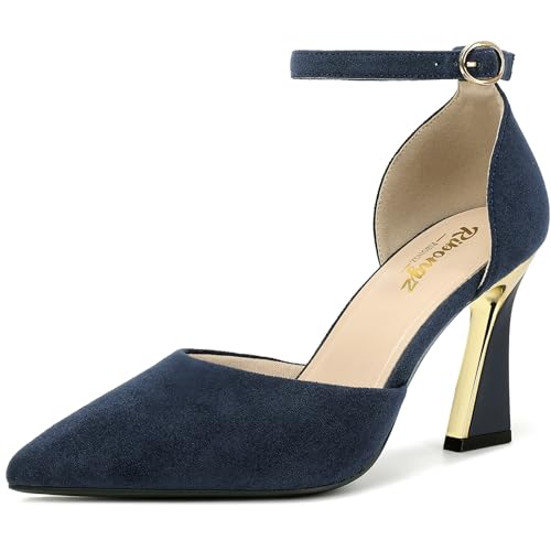Image of RIBONGZ Comfortable Kitten Heels for Women Pointed Closed Toe Ankle Strap Buckle Heels Slip on Low Heel Church Pumps Wedding Bridal Party Dressy Shoes