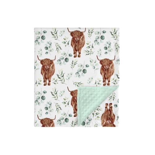 Image of Highland Cow Eucalyptus Leaf Mink Baby Blanket Dotted Backing Boy Girl Gift, Western Farm Animal Yak Double Layer Flannel Nursery Bed Blankets, Soft Plush Newborn Infant Toddler Crib Bedding 30 x 40