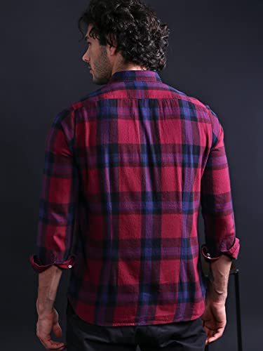 Image of THE BEAR HOUSE Men's Cotton Slim Flannel Button-Down Casual Shirt |Maroon |L |TBH-UBER-MR-L |