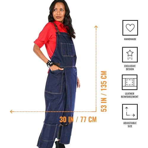 Under NY Sky Pottery Blue Apron – Full Cover Cross-Back, Durable Denim, Leather Reinforcement and Overlapping Split-Leg – Adjustable for Men and Women – Pro Pottery Artist, Mechanics - Thumbnail 2