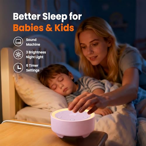 Image of Kipcush White Noise Machine for Sleeping, Baby & Adults, High-Fidelity Non-Looping Sounds, Sleep Sound Machine with Dimmable Night Light, USB Powered, Memory Function, Home, Nursery & Travel