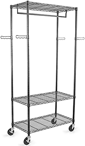 WDT Rolling Garment Rack with Wheels, Large Heavy Duty Clothing Rack with 3 Tier Shelves, Adjustable Metal Garment Closet Organizer Rack for Hanging Clothes, 35"L x 18"W x 74.4"H