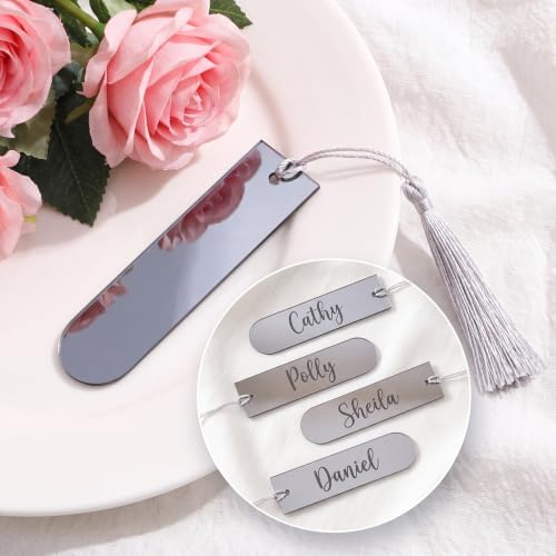 Novabright 48 Pcs Mirror Acrylic Place Cards with Tassels, Name Place Cards for Table Seting, 3.6 x 1" Acrylic DIY Blank Gift Tags for Wedding Table Decoration, Birthday, Party, Event(Brushed Silver) — view 6