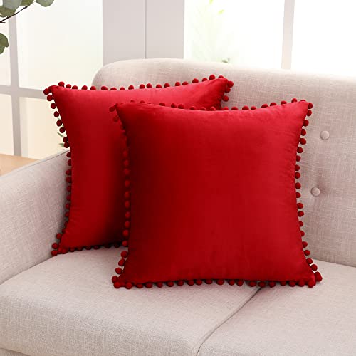 Deconovo Set of 2 Velvet Cushion Covers for Bedroom Kitchen 50 x 50 cm Christmas Cushion Cover Bright Red