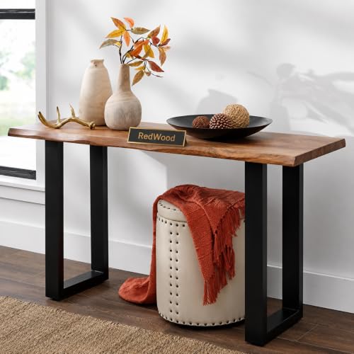 Image of REDWOOD Sheesham Wood Modern Console Table for Living Room | Entryway Hallway Sofa & Fish Tank Table for Home & Office | Wooden Side Entrance Table with Black Iron Metal Legs | Brown Finish