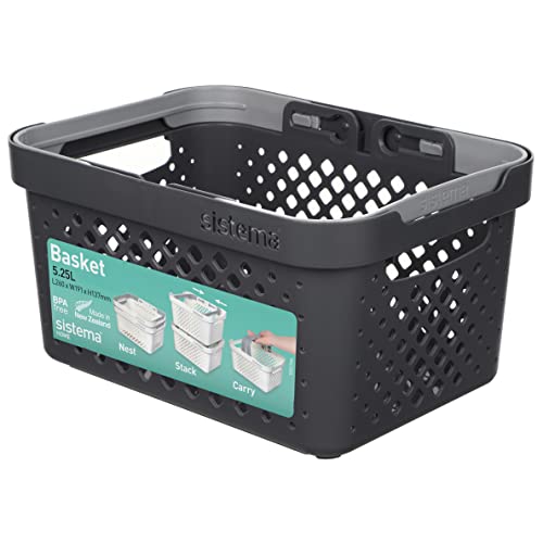 Sistema Medium Storage Basket | Stackable & Nestable Basket with Handle | 5.25L | BPA-Free Plastic | Charcoal Grey | 1 Count