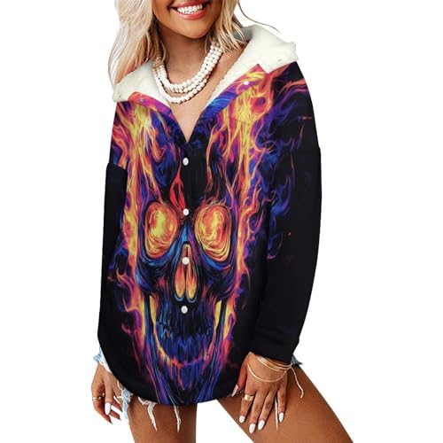 Veste polaire femme crâne de flamme avec poches et capuche peluche