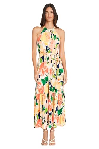 Maggy London Women's Dresses Versatile Halter Maxi Dress for Women with Waist Tie Detail | Summer Dresses for Women, Navy/Peach, 14