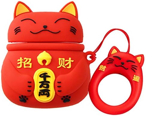 AirPods Case,Cartoon Cute Soft Silicone Kawaii Airpod Cover,AirPods Accessories Kits Funny Cute Designer AirPods Case for Apple Airpods 2 & 1 Cool Fun Girls Teens Boys Men Red Lucky Cat