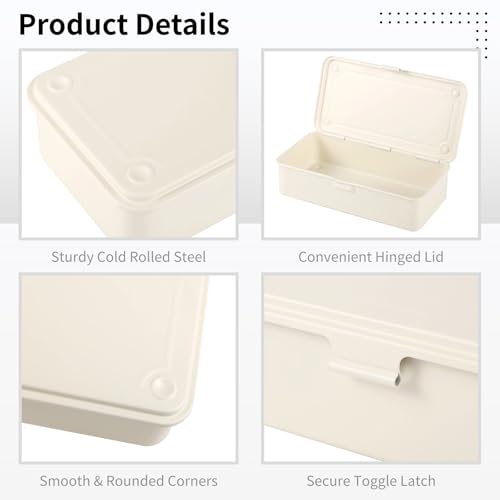 Image of OMISTAR Steel Storage Box with Hinged Lid, Metal Container for Scrapbook Stamps, Rectangular Empty Hinged Metal Tool Box, Storage Organizer for Pegs, Pens, Stationary, White