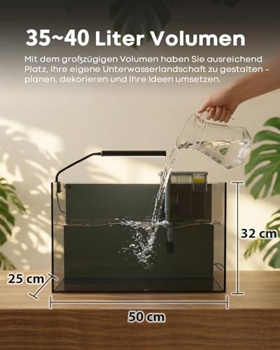 Image of Aquarium Desktop Set, 10.1 Gallon, Small Fish Tank, Ultra Clear Glass with Self-Cleaning Filter, Bright Light, Heating, Stones, Gravel, Cleaning Tool, Rimless Fish Bowl for Beginners, Starter Kit