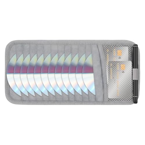 Shimmeroo CD Visor Holder for Car, DVD Vehicle Visor Storage Organizer Gray Large Capacity CD Case with 12 Storage Sleeves, 1 Mesh Pocket, 1 Pen Loop & Elastic Strap