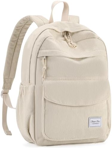 Chase Chic Mochila Escolar Adolescente, Mochila de Pana Jóvenes Mujeres Mochila Tipo Casual Instituto Universitaria para Portátil de 15,6 Pulgadas, Blanco Crema