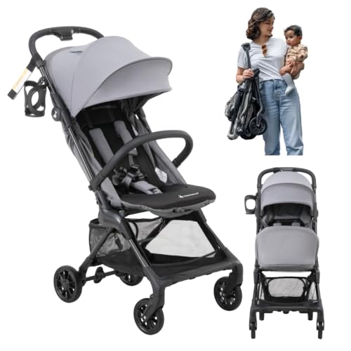 BabbleRoo Hoplite Compact Stroller – Lightweight Travel Stroller for Airplane (12.3 lbs), from Birth to 55 lbs, Easy Fold, PU Wheels, Alloy Frame, Near-Flat Recline, Cup Holder, Baby Stroller