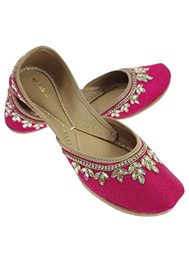 Image of Fulkari Women's Dolli Gold Genuine Soft Leather Embroidered Jutis | Bite and Pinch Free Jutti | Punjabi Formal Juttis | Girl's Wedding Flat Ladies Mojari | Formal Ethnic Juti |