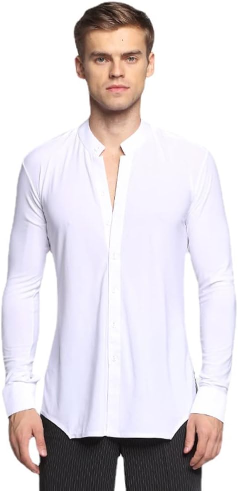 Men Solid Color V-Neck Long Sleeves Latin Ballroom Modern Dance Shirts Dance Tops Suit Chacha Rumba Samba