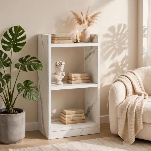 Image of SBF Furniture 3 Tier Wooden Bookshelf, Engineered Wood Book Rack, Multipurpose Storage Shelf for Books, Decor & Kitchen, Compact Space-Saving Shelf (White)