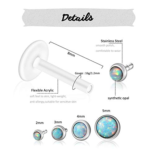 Piercingj 8-10Pcs 16G Stainless Steel + Uv Flexible Acrylic Opal Crystal Tragus Retainer Flexible Acrylic Lip Ring Labret Monroe Studs Tragus Helix Cartilage Barbell Earrings #TOP1