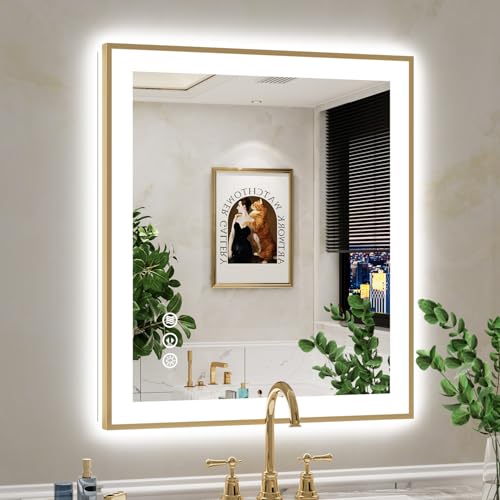 Image of 28x32 LED Bathroom Mirror with Lights, Gold Framed Lighted Mirror | Backlit and Front light, Anti-Fog, 3 Color Dimmable, Memory, Tempered Glass, IP54 Waterproof, UL Listed