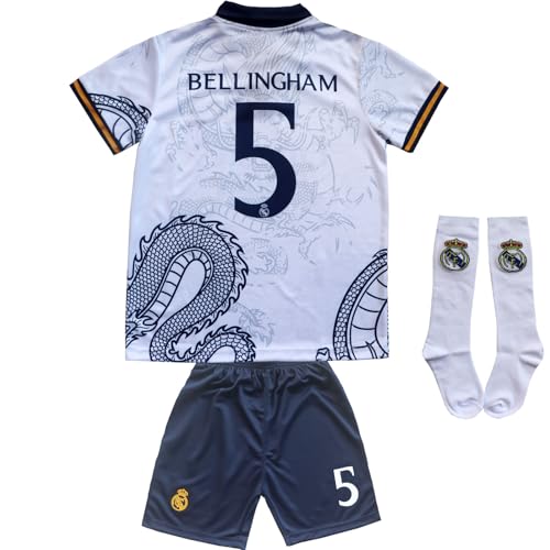 Pitch and Trek Bellingham Madrid White Dragon Kids Soccer Jersey Shirts Football Futbol Socks Gift Set Youth Sizes(White Drag 5,26)
