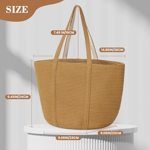 Loiyadn Straw Bag, Beach Bag Straw Beach Bags for Women Foldable Packable Beach Tote Lightweight Shoulder Handbags - Khaki,Medium — view 3