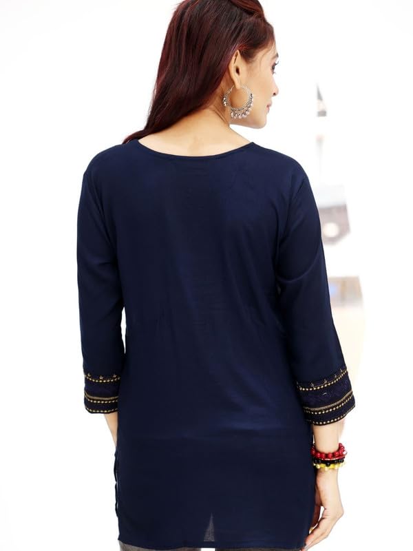Image of Women's Rayon Short Kurti Top | Casual & Office Wear Tunic with Round Neck and 3 /4 Sleeves | Comfortable Every Occassion Wear | Ideal Ethnic Short Kurti for Womens
