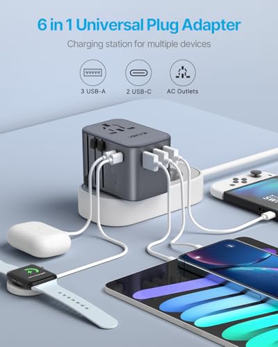Image of Universal Travel Adapter, VINTAR 35.5W International Power Adapter with 3 USB A QC and 2 USB C PD, All in One Plug Adapter Worldwide Travel Essentials for EU /UK /USA /AUS(Type C /G /A /I), Silver
