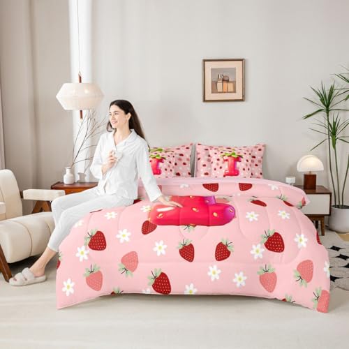 Image of Feelyou Girls Pink Red Strawberry Comforter Set with Sheets 7 Piece Queen Size Initial Letter I Bed in a Bag Kids Princess Strawberry Bedding Set Bedroom Decor Breathable Soft Lightweight Microfiber