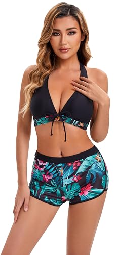 Women Two Piece Swimsuit Bathing Suits Floral Tropical High Waisted Beachwear Board Shorts Halter Tops3