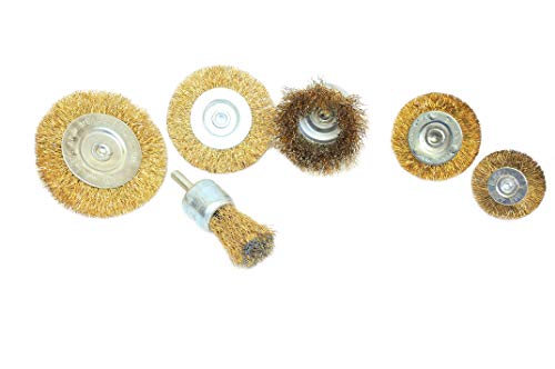 Image of Jon Bhandari Tools 6pc Steel Wire Brush Set with Brass Coating & Spindle - Drill Attachment Wire Brushes for Rust, Paint & Corrosion Removal - Rotary Tool Brush Kit for Metal Surface Cleaning