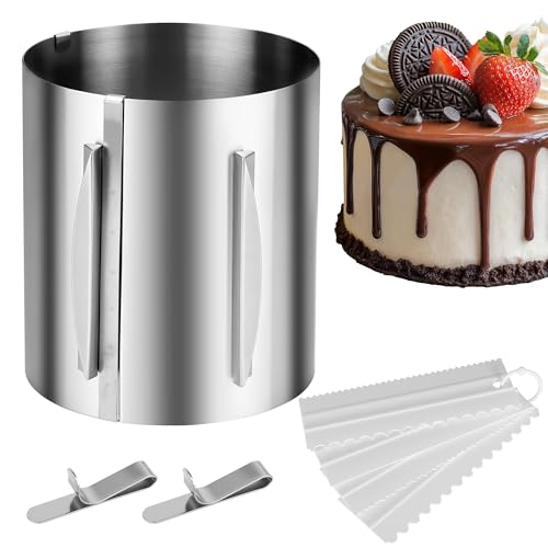 YeeQo Tortenring Hoch 20 cm Tortenring Verstellbar mit Skala. Edelstahl Backring Verstellbar 16-30 cm mit 2 Clips und 4 Sahneschaber Kuchenring die zum Backen und Schichten von Kuchen geeignet sind