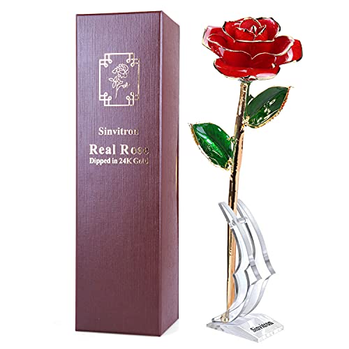 Gold Dipped Rose, Sinvitron Long Stem 24k Gold Dipped Real Rose Lasted Forever with Stand, Best Anniversary Gifts for Her