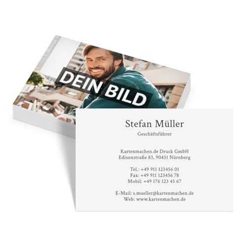 Individuelle Foto Visitenkarten von 100 bis 2.500 Stück personalisiert Universal eigener Text und Bild/Logo dickes 300g/qm Papier 85x55mm beidseitiger Druck Farbe und Schriftart wählbar
