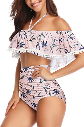 Heat Move Women Retro Flounce Tassel Off Shoulder High Waisted Bikini Halter Neck