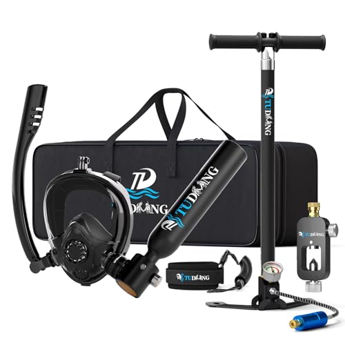 TUDIVING-0,5-l-Mini-Tauchtank mit Pumpe, tragbarer Sauerstoffzylinder mit Vollgesichtsmaske, recycelbare Lungentanks unterstützen 6–10 Minuten Unterwasser-Atmungszeit (S200Plus Black-A1)