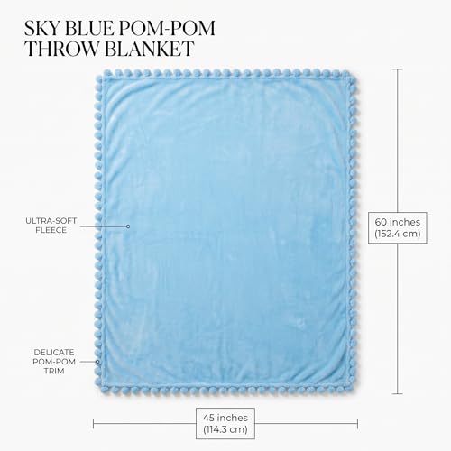 Image of BSB HOME 280 GSM Pom Pom Blanket, Ultra Soft Plush Fleece Throw Blanket with Pom Pom Fringe, Cozy Lightweight Warm Blanket for Sofa, Couch, Bed, Skin Friendly & Easy Care, 45 x 60 Inches - Powder Blue