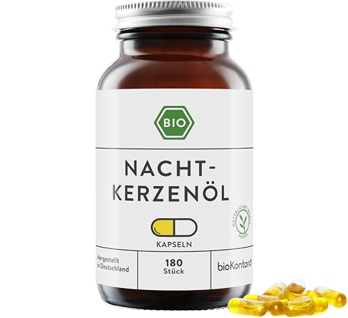 bioKontor Bio Nachtkerzenöl Kapseln 180 Stück 500 mg Nachtkerzenöl pro Kapsel kaltgepresst Nachtkerzenöl Kapseln vegan Evening Primrose Oil Capsules