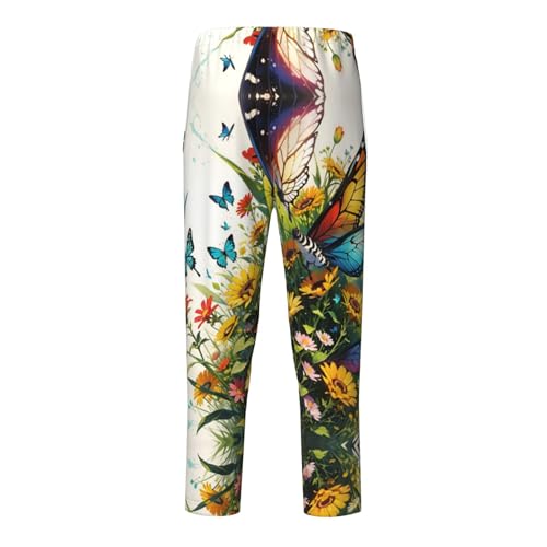 Pajama Pants Pajama Bottoms with Elastic Waistband Sleepwear Lounge Pants, Watercolor Sunflowers Butterfly2