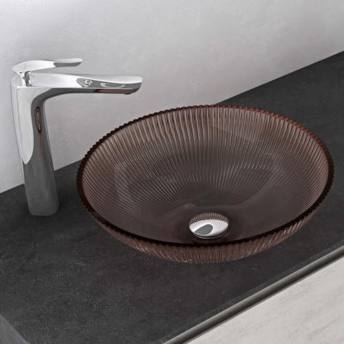Mai & Mai Lavabo sobre Encimera Lavabo Baño | Ovalado | Vidrio | Café | 40x40x12 cm | sin Orificio para Grifo sin Rebosadero | Minerva06